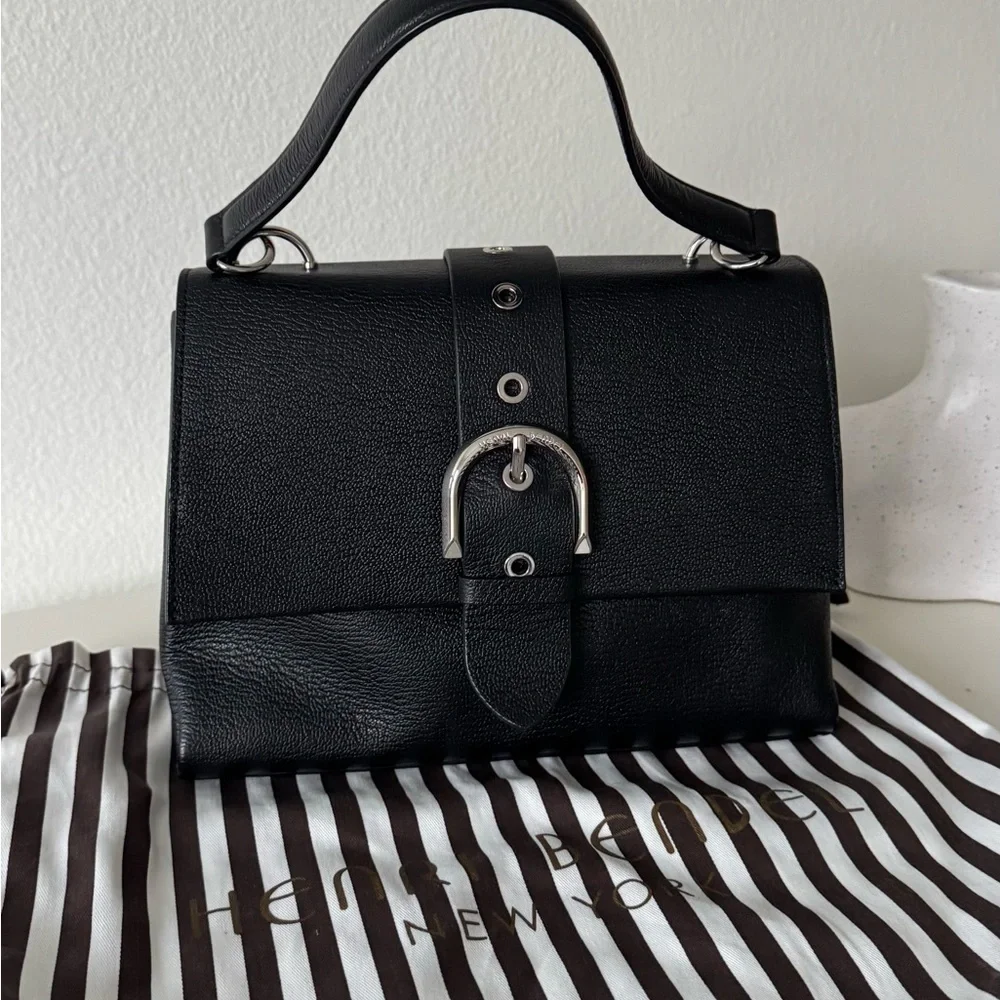 Henri Bendel Black Riverside Leather Handbag Satchel Silver Buckle - Picture 8 of 12